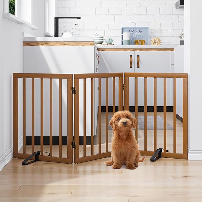 Freestanding Pet Gate Foldable Dog Gate (55 inches Wide) Walnut Bamboo Dog Gates for Stairs Doorways House (2 Support Feet Included)-PawvioPets