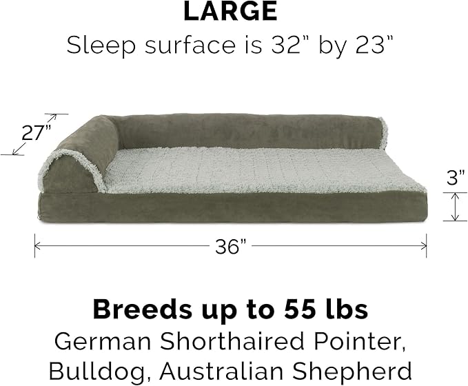 Furhaven Cooling Gel Dog Bed for Large/Medium Dogs w/ Removable Bolsters & Washable Cover, For Dogs Up to 55 lbs - Two-Tone Plush Faux Fur & Suede L Shaped Chaise - Dark Sage, Large-PawvioPets