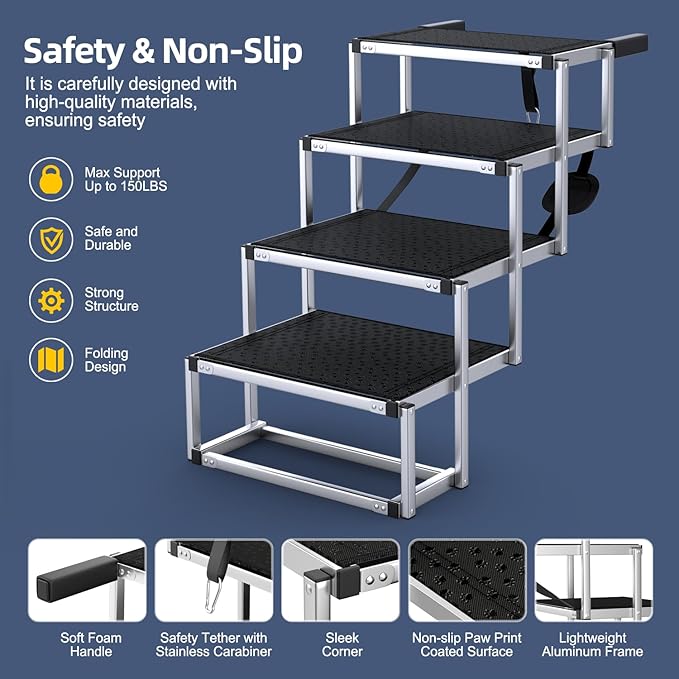 Dog Stairs for Car, Foldable Dog Ramp for Car with Non-Slip Surface, Portable Stairs Aluminum SUV, High Beds, Truck, Supports up to 150 lbs, 4 Steps-PawvioPets