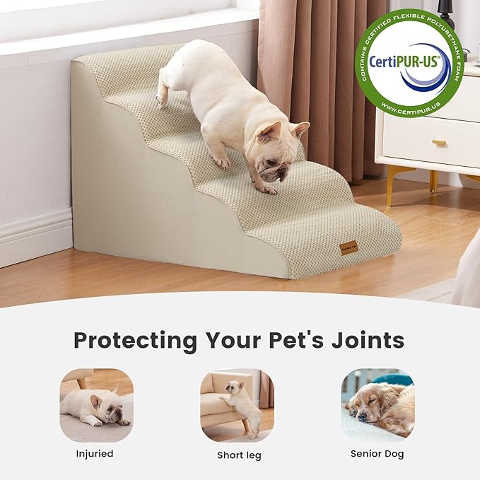 Gardner Pet Dog Stairs for Small Dogs 22.8" H, 5-Step Beige Curved Pet Stairs, Dog Steps for High Bed, Couch (24-30 in) with Durable Non-Slip Waterproof Fabric Cover and CertiPUR-US Certified Foam-PawvioPets