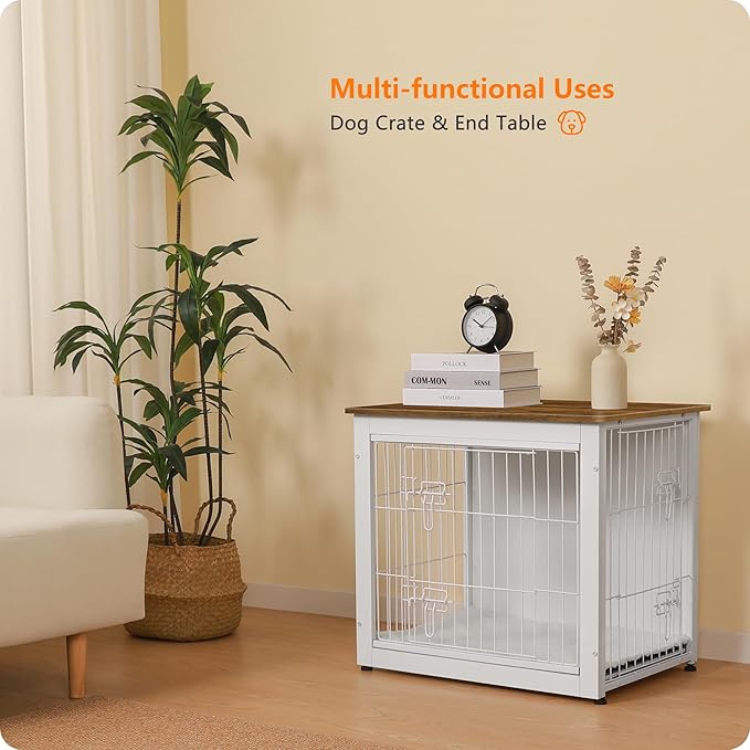 DWANTON Dog Crate Furniture with Cushion, Wooden Kennel Table with Double Doors, Indoor Dog House, Small/Medium/Large Size, 27.2" L, White+Warm Brown-PawvioPets