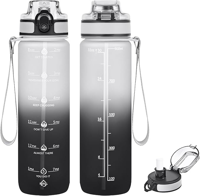 32oz Motivational Water Bottles with Time Marker & Fruit Strainer, Transparent Gradient Color Water Bottle with Times to Drink, Leakproof & BPA Free, Reusable Bottle with Strap (No Straw)-PawvioPets