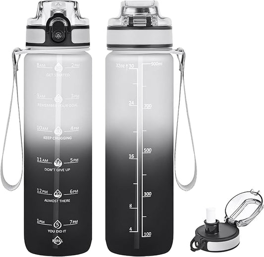 32oz Motivational Water Bottles with Time Marker & Fruit Strainer, Transparent Gradient Color Water Bottle with Times to Drink, Leakproof & BPA Free, Reusable Bottle with Strap (No Straw)-PawvioPets