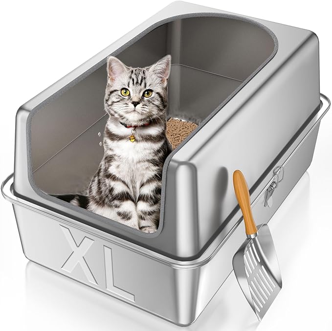 12'' High Sides XL All Stainless Steel Cat Litter Box with Lid,Deep Metal Litter Box for Big Cats,Extra Large Litter Boxes with High Wall Enclosure,Anti-Leakage,Never Absorbs Odors,Non-Sticky Surface-PawvioPets