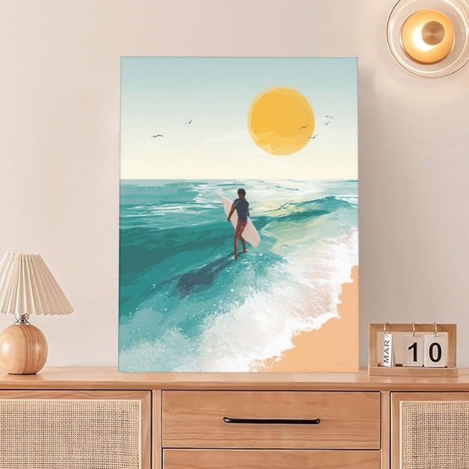 Beach Surfing Wall Art Ocean Coastal Wave Canvas Wall Decor Summer Nature Seascape Pictures Painting Print Framed Artwork Decorations for Bathroom Living Room Office Bedroom 12"x16"-PawvioPets