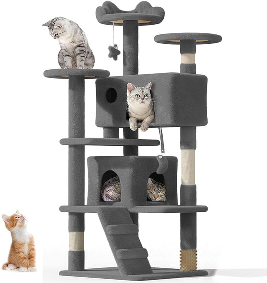 54" Cat Tree Tower for Indoor Cats Large Adult,Cute/Tall Modern Cat Tree for Big Cats 20 lbs, Plush Multi-Level Cat Condo with Scratching Posts,Hammock, Dangling Ball (Smoky Gray, 54 inch)-PawvioPets