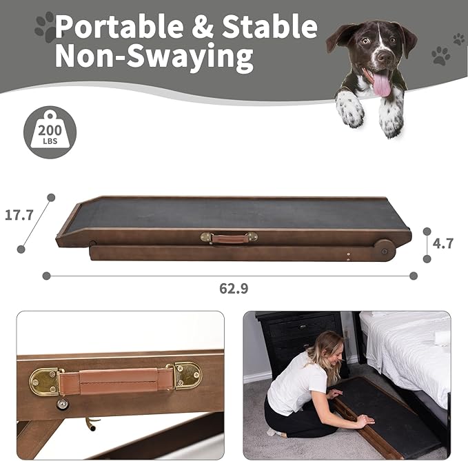ABORON Dog Ramp,Adjustable Folding Pet Ramp for Bed,Couch,SUV - High Traction Portable Rubber Paw Ramps,Great for Small & Large Old Dogs & Cats, Supports up to 200 lbs,63''Long-PawvioPets