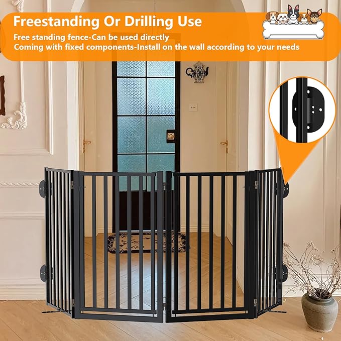 Free Standing Dog Gate with Door for Indoor Outdoor, Portable Dog Fence Foldable Design, Metal Black 32" Tall, Expandable 4 Panels Use for Front Door, Yard, Stairs-PawvioPets
