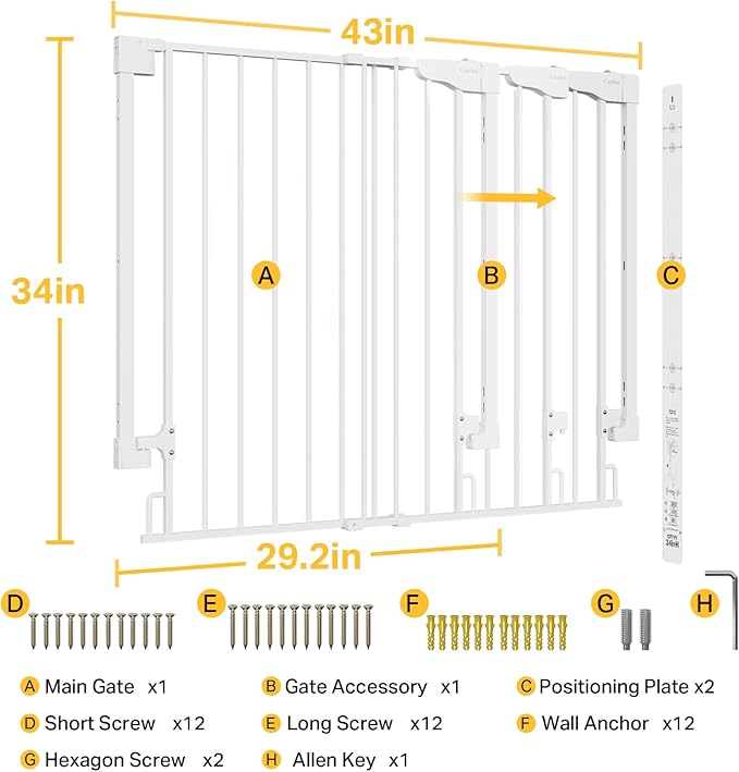 Cumbor 34" Extra Tall No Bottom Bar Baby Gate for Stairs, Auto Close Dog Gate Indoor for Larger Pets, 29.2-43" Hardware Mounted Safety Gate for Doorways, Wide Walk Thru Door for Easy Access (White)-PawvioPets