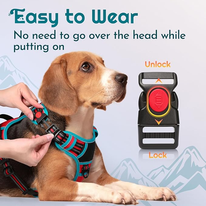 Eagloo Dog Harness Small Sized, Easy Wearing with 3 Buckles, Adjustable No Pull Pet Harness with 2 Rings for Walking, No Chock Reflective Soft Padded Vest with Control Handle, Red & Teal, S-PawvioPets