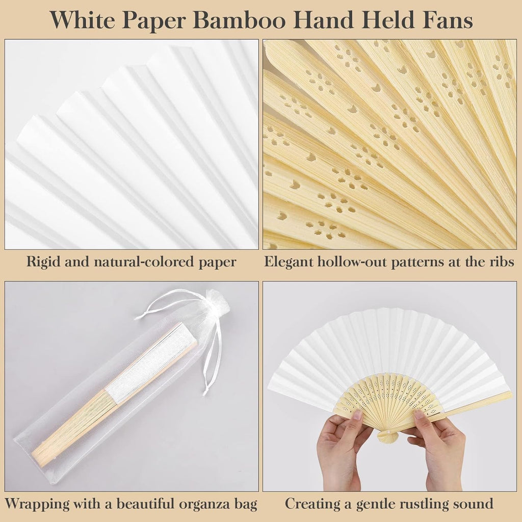 MCEAST 120 Pieces Wedding Handheld Paper Fans White Bamboo Folding Paper Fan with 120 Organza Bags Foldable Cool Wedding Favors Wedding Fans for Guests Party Favors DIY Decoration