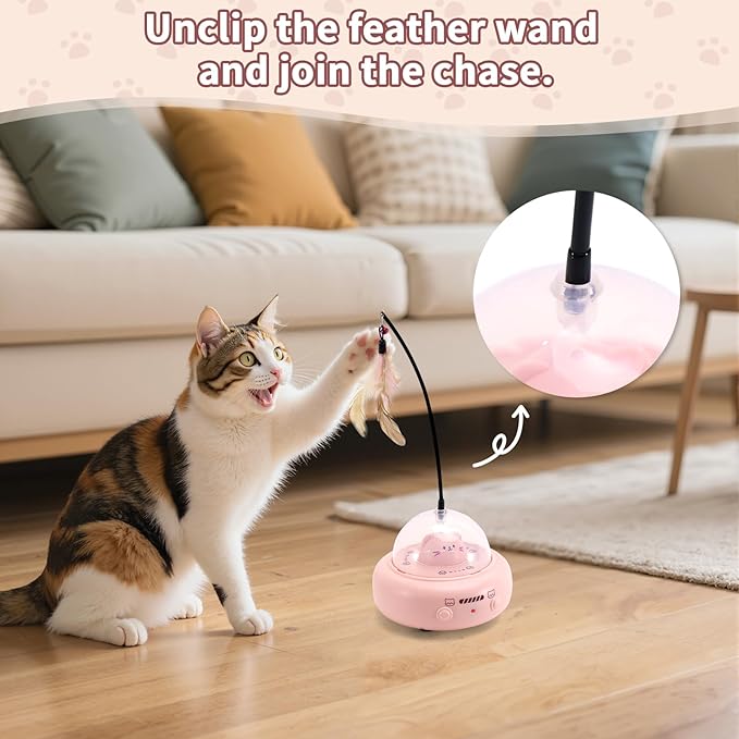 Automatic Cat Toys with Feathers, Interactive Cat Toy for Indoor Exercise, Rechargeable Teasing Toys for Indoor Cats, USB Powered, Smart Standby&Obstacle Avoidance(Pink)-PawvioPets