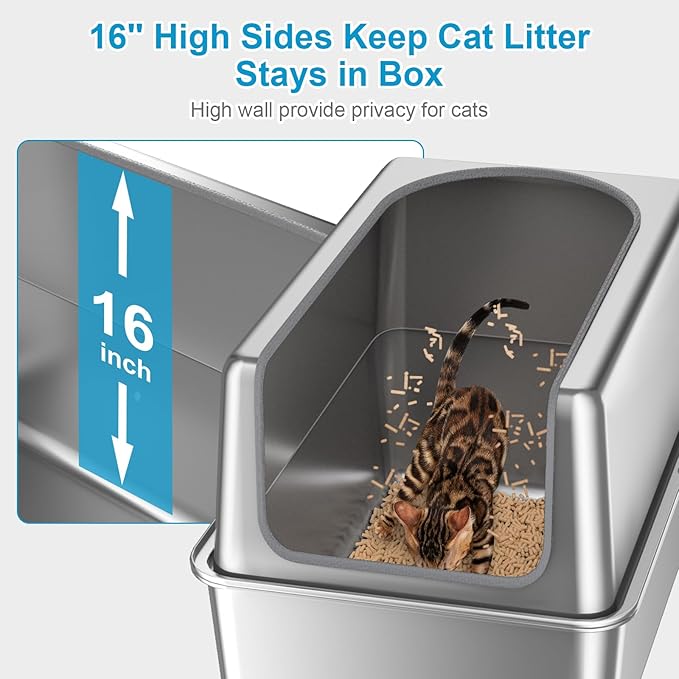 16'' High Sides XXXL All Stainless Steel Cat Litter Box with Lid,8'' Deep Metal Litter Box for Big Cats,Extra Large Litter Boxes with High Wall Enclosure,Anti-Leakage,Never Absorbs Odors,Non-Sticky-PawvioPets