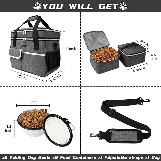 BAGLHER Dog Travel Bag for Supplies - Double-Layer Airline Approved Weekend Pet Travel Organizer Set for Dog and Cat Tote with 2 Pet Food Containers and 2 Collapsible Silicone Bowls Grey-PawvioPets