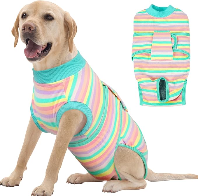 FUAMEY Recovery Suit for Dogs After Surgery,Soft Breathable Dog Bodysuit E-Collar & Cone Alternative Surgical Suit,Male Female Dog Neuter Spay Suits Anti Licking Wounds Onesie Mint Green Stripes XL-PawvioPets