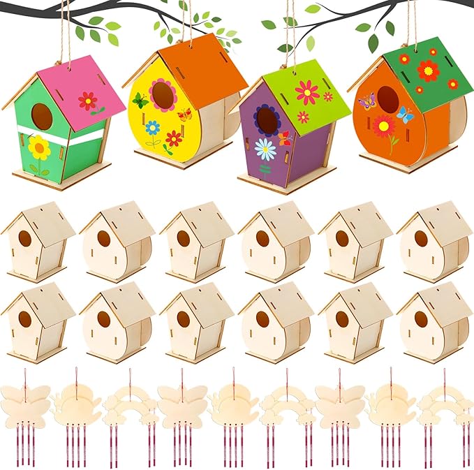 30 Pcs Crafts DIY Bird House Wind Chime Kit Unfinished Wood Birdhouse Kits 12 Wooden Birdhouses & 18 Wind Chimes Build and Paint Birdhouses Bulk Crafts Set-PawvioPets
