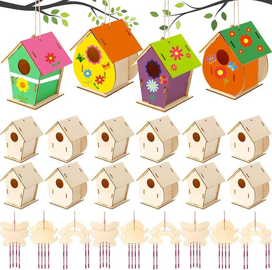 30 Pcs Crafts DIY Bird House Wind Chime Kit Unfinished Wood Birdhouse Kits 12 Wooden Birdhouses & 18 Wind Chimes Build and Paint Birdhouses Bulk Crafts Set-PawvioPets