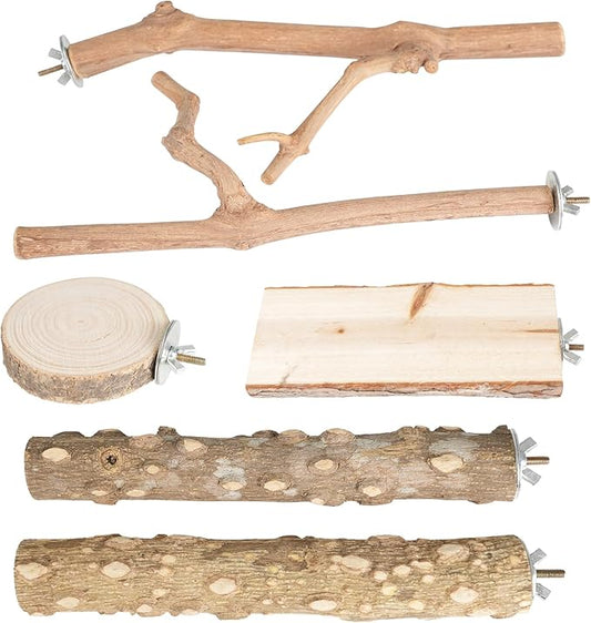 Bird Perches, 6PCS Natural Wood Birds Perch Stand Set, Parakeet Toys, Bird Cage Accessories, Stand & Toys for Parakeets, Cockatiels, Conure, Budgies-PawvioPets