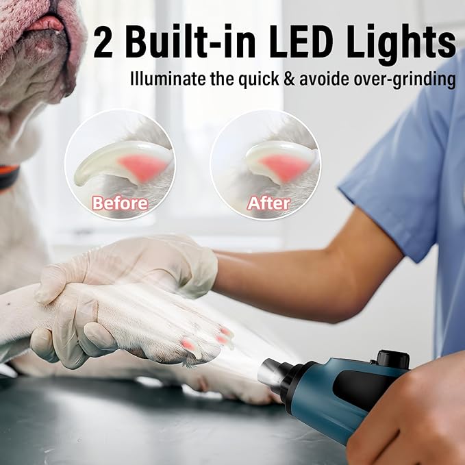Casfuy Smart 6-Speed Dog Nail Grinder - 50% More Power Pet Nail Grinder with 2 LED Lights Quiet Rechargeable Electric Dog Nail Trimmers File Toenail Grinder for Large Medium Small Dogs & Cats (DB)-PawvioPets