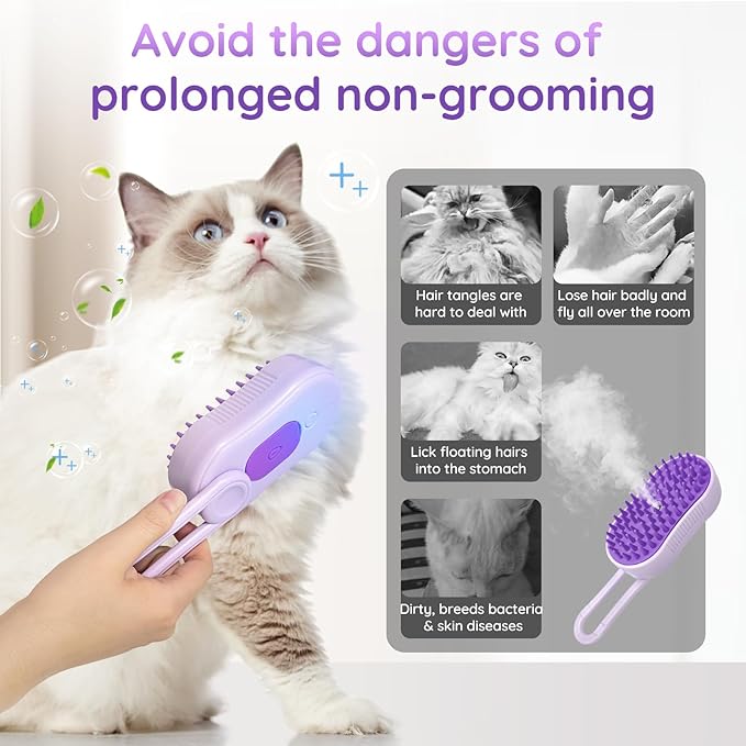 GKZ Cat Steam Brush, 3 in 1 Pet Comb for Massage, Cleaning, Shedding and Combing, Electric Mist to Prevent Flyaways for Home, Dogs and Cat Lovers - Purple-PawvioPets