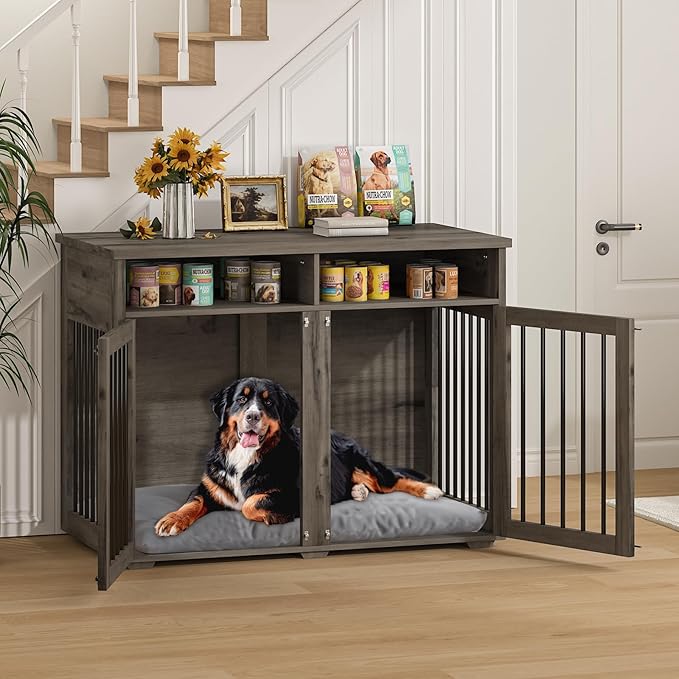 Furniture Dog Crate for 2 Dogs, 41 Inch Dog Kennel Furniture with Removable Divider and Shelf Storage, Wooden Dog Crate for Small/Medium Dogs, Grey-PawvioPets