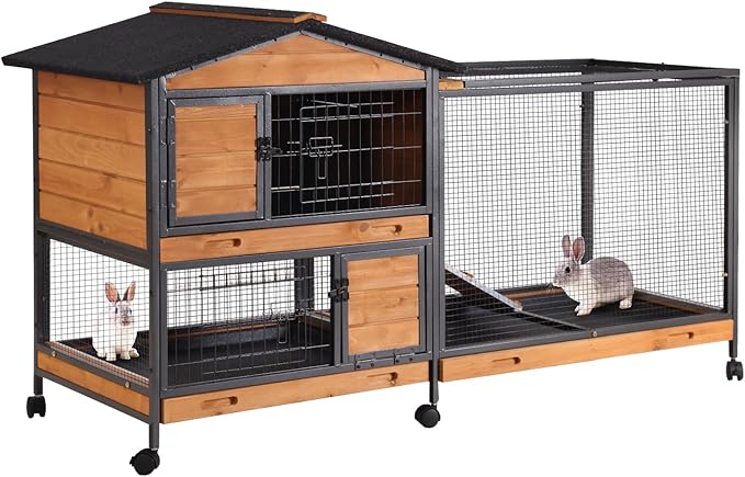 AIVITUVIN Rabbit Hutch Indoor with Metal Frame Rabbit Cage with Pull Out Tray No Leakage Bunny Cage with Wheel Guinea Pig Cage-PawvioPets