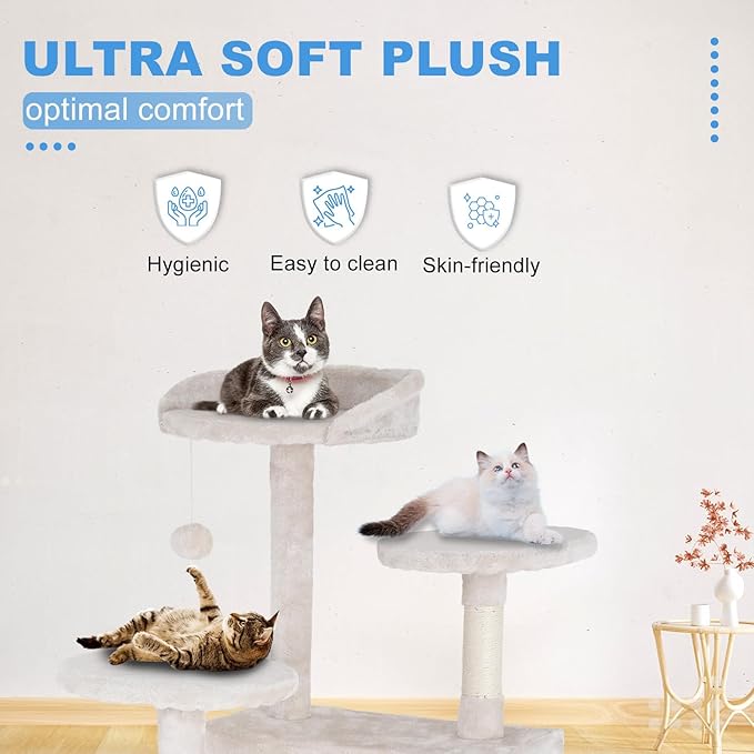 FDW Cat Tree 54in Cat Tower Multi-Level Durable Cat Scratching Post & Cozy Fun Cat Jumping Platform Space Saving Cat Condo Pet Play House for Indoor Cats,Beige-PawvioPets