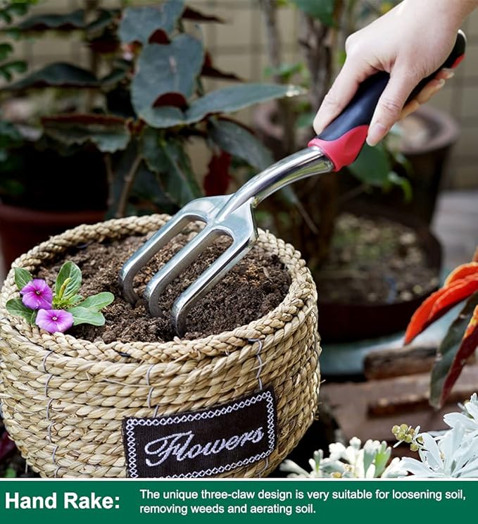 ESOW Garden Tool Set with Non-Slip Rubber Handle, 3 Piece Cast-Aluminum Heavy Duty Gardening Kit Includes Hand Trowel, Transplant Trowel and Cultivator Hand Rake, Red-PawvioPets