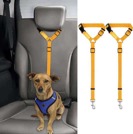 BWOGUE 2 Packs Dog Cat Safety Seat Belt Strap Car Headrest Restraint Adjustable Nylon Fabric Dog Restraints Vehicle Seatbelts Harness Yellow-PawvioPets