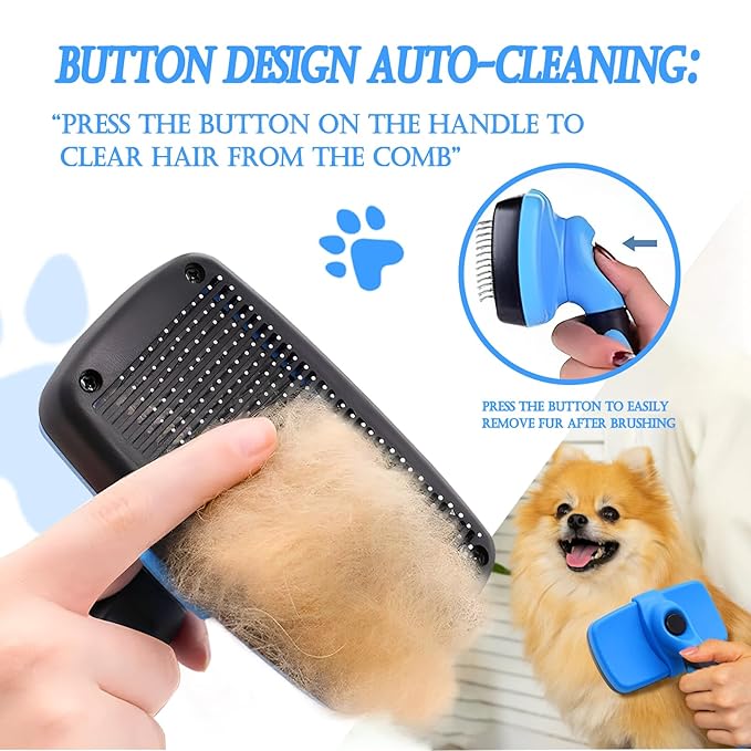 4 in 1 Cat Grooming Brush Self Cleaning Slicker Brush Dematting Tool for Dogs & Cats Haired Pets Skin Friendly, Deshedding Tool, Suitable for Pet Supplies Accessories, Blue-PawvioPets