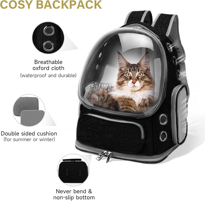 Cat Backpack Carrier, Breathable Cat Carrier Large Space Bubble Pet Backpack for Kitty Small Dog up to 12lbs, Transparent & Foldable Pet Carrier for Travel Hiking (Black-PawvioPets