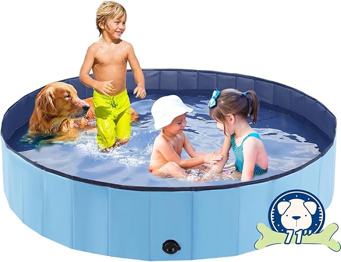 Foldable Dog Bath Swimming Pool Plastic Kiddie Pool Professional Tub Collapsible Grooming Bathtub for Pets Kids Baby and Toddler, 71 x 12 Inches Blue-PawvioPets