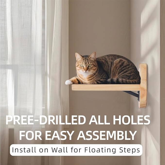 ESPETS Natural Solid Wood Cat Wall Floating Steps Set of 3 - Wall Mounted Wooden Cat Climbing Shelves and Perches, Kittty Stairs Ladder - Easy Install, Holds up 30lbs-PawvioPets