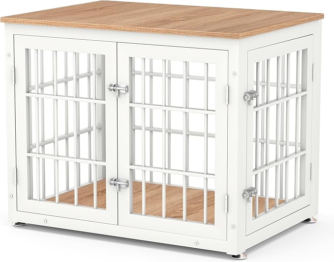 32 Inch Heavy Duty Dog Crate Furniture for Medium and Small Dogs, Decorative Pet House End Table, Wooden Cage Kennel Furniture Indoor, Natural and White-PawvioPets