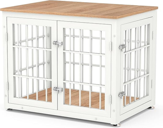 32 Inch Heavy Duty Dog Crate Furniture for Medium and Small Dogs, Decorative Pet House End Table, Wooden Cage Kennel Furniture Indoor, Natural and White-PawvioPets
