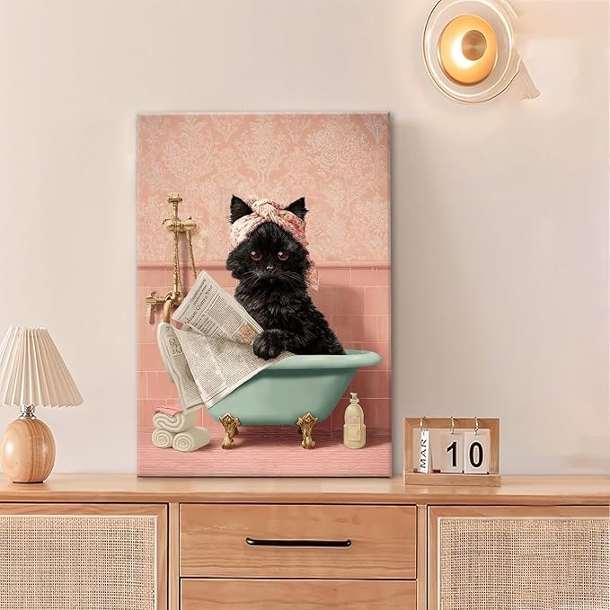 Cat Bathroom Wall Decor Black Cat Reading Newspaper in Bathtub Canvas Wall Art Funny Bathroom Pictures Kitten Painting Print Pink Artwork Framed Decorations Gifts 16"x24"-PawvioPets