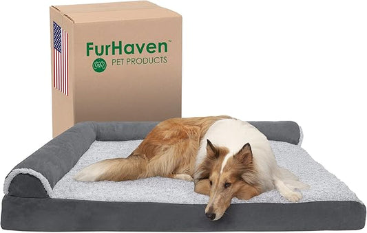 Furhaven Cooling Gel Dog Bed for Large Dogs w/ Removable Bolsters & Washable Cover, For Dogs Up to 125 lbs - Two-Tone Plush Faux Fur & Suede L Shaped Chaise - Stone Gray, Jumbo Plus/XXL-PawvioPets
