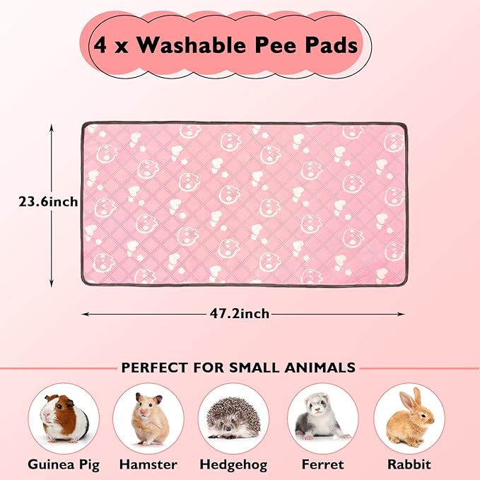4 Pack Guinea Pig Bedding - Washable Guinea Pig Liners for Midwest Cage, Waterproof Reusable Pee Pads Super Absorbent Mats for Small Animals Pet Rabbit Bunny Hamster Rat (Pink, 48 x 24 Inch)-PawvioPets