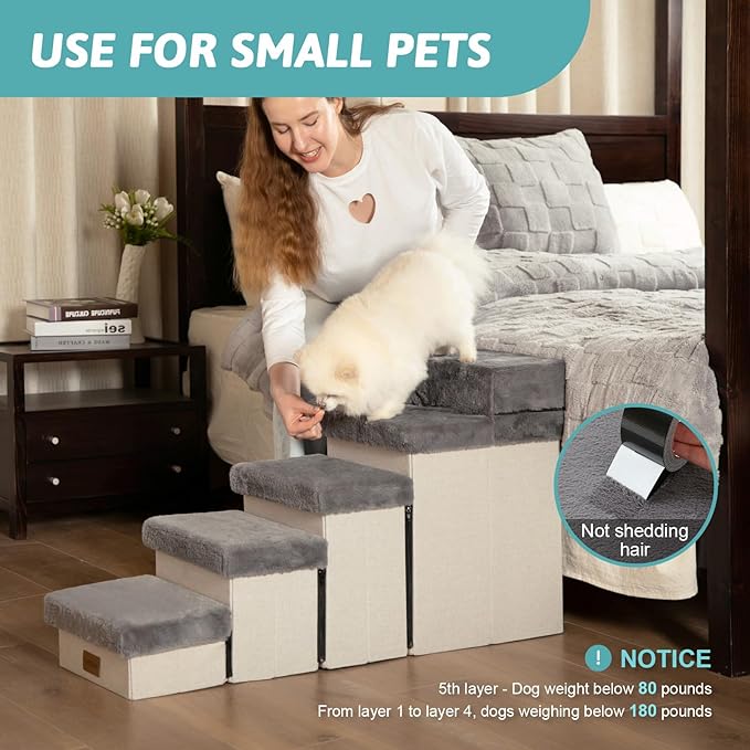 Dog Stair for Small Dogs with Storage, Foldable Pet Step with Soft Cover, Older Cat Ramp for Chair Couch Sofa, Lightweight, Durable, Comfort, 39.7x13x21.2 inch, 5 Tiers, Grey-PawvioPets