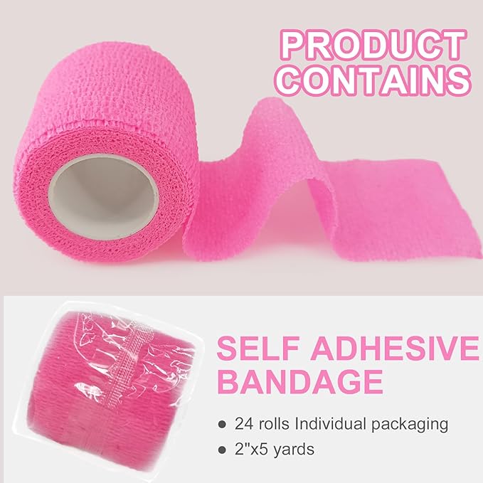 24 Pack Pink Self Adhesive Bandage Wrap, 2” x 5 Yards Cohesive Vet Wrap Elastic Athletic Tape Grip Tape Sports Tape for Ankle, Wrist Sprains, Medical, Pet First Aid (Pink, 2 Inch)-PawvioPets