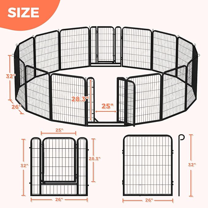 32 Inch Dog Playpen - 16 Panels Metal Pet Exercise Pen for Small-Medium Dogs, Indoor/Outdoor Dog Fence for Yard, Garden, Camping & RV Travel-PawvioPets