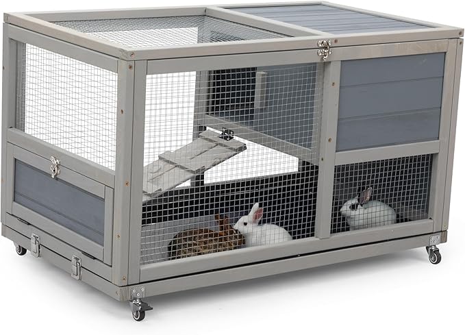 COZIWOW Wooden 36Inches Rabbit Hutch Outdoor with Wheels Bunny Cage Indoor Rabbit Cage with Clean Tray, Openable Roof, Anti-Slip Ramp for Small Bunny (Grey with Pattern)-PawvioPets