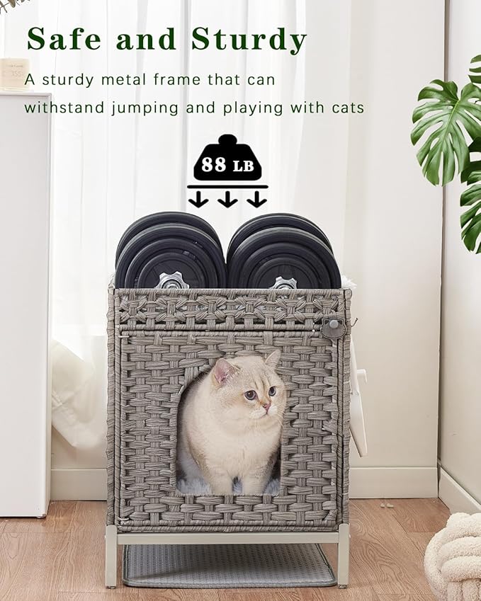 Cat Litter Box Enclosure Hidden Litter Box Furniture with Metal Heightened Feet, Rattan Handwoven Cat House with Litter Mat, Hidden Litter Box Furniture for Bedroom Living Room Gray-PawvioPets