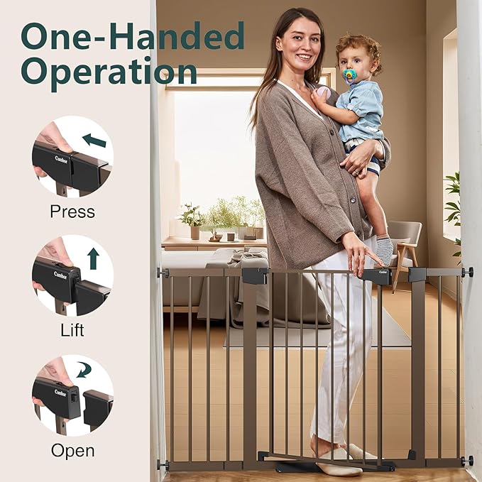 Cumbor 29.7-48" Baby Gate for Stairs, Mom's Choice Awards Winner-Dog Gate for Doorways, Auto Close Safety Pet Gate for Dogs Indoor, Easy Install Pressure Mounted Child Gate with Walk Thru Door, Brown-PawvioPets
