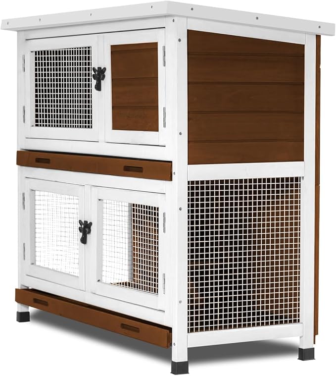 2 Story Rabbit Hutch, Indoor Outdoor Bunny Hutch Solid Wood Rabbit Cage with Removable Trays, Waterproof Asphalt Roofs and Ventilation Door, Small Animal House for Rabbit Guinea Pig Ferret, Walnut-PawvioPets