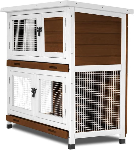 2 Story Rabbit Hutch, Indoor Outdoor Bunny Hutch Solid Wood Rabbit Cage with Removable Trays, Waterproof Asphalt Roofs and Ventilation Door, Small Animal House for Rabbit Guinea Pig Ferret, Walnut-PawvioPets
