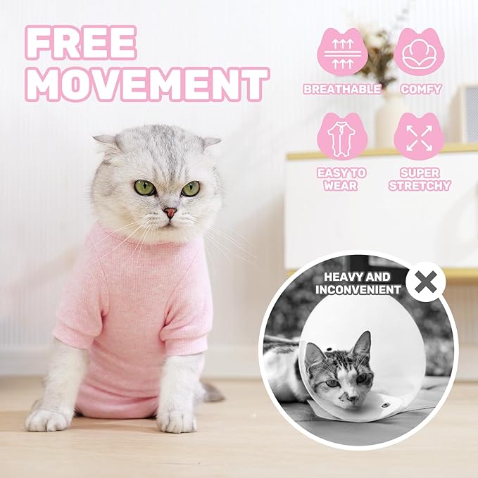 Breathable Cat Recovery Suit for Female/Male, Anti-Licking Kitten Onesie - Cat Surgery Pajamas with Sleeve After Spay, Prevent Shedding, Abdominal Wounds, Skin Diseases or E-Collar Alternative-PawvioPets
