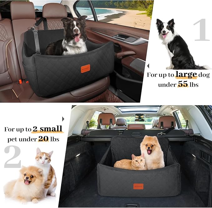 Dog Car Seat for Medium & Large Dogs Up to 55lbs, Memory Foam Cushion, Washable Cover, Safety Straps & Non-Slip Bottom(Black,Large)-PawvioPets