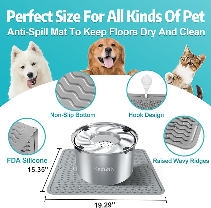 1.5 Gal Dog Water Bowl No Spill, 5.6L Stainless Steel Bowls and Non-Slip Dog Bowl Mats for Food and Water, Silicone Pet Feeding Mats for Floors Waterproof-PawvioPets