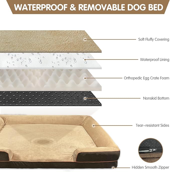 Dog Beds for Large Sized Dogs,Washable Orthopedic Memory Foam Dog Couch Sofa Bed with Bolster,Removable Cover,42x30Inch,Brown-PawvioPets